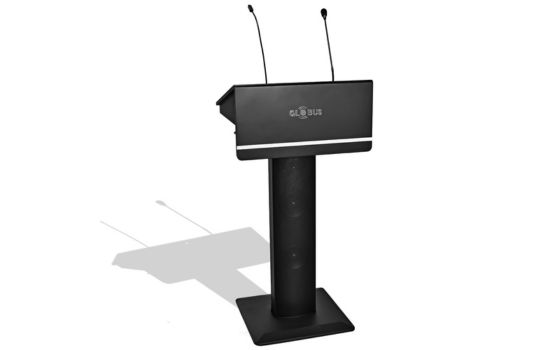 a podium with two desk microphone for rental in Toronto